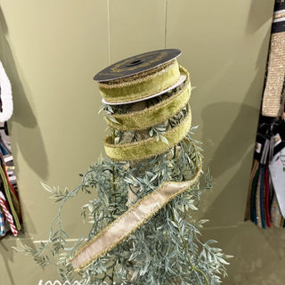 John Mark Sharp Apple Green Velvet Ribbon with metallic gold dupion backing and shimmering gold tinsel edge, 1-inch decorative ribbon.