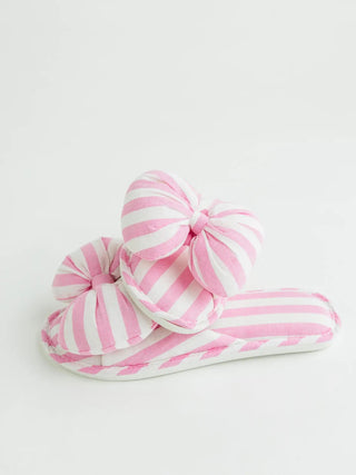pink cabana stripe bow spa slippers with soft cotton fabric
