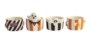 Hand-painted ceramic Halloween tidbit dishes with black and orange striped designs featuring raised ghost, skull, candy corn, bat, and bow accents.