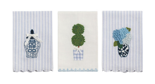 Topiary tea towel with embroidered plant and striped background