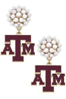 Texas A&M Pearl Cluster Enamel Drop Earrings