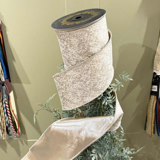 John Mark Sharp ivory printed velvet ribbon with metallic dupion backing and double fused construction, 4-inch decorative ribbon.