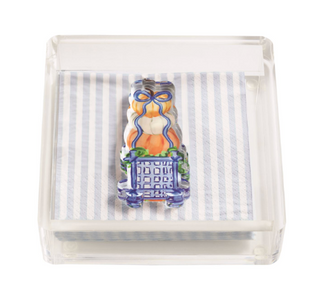 Stripe Topiary Napkin Caddy Set with clear acrylic holder, blue striped cocktail napkins, and acrylic pumpkin topiary weight in a blue and white planter.