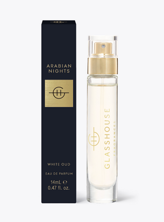 Glasshouse Arabian Nights Parfum White Oud 14ml eau de parfum with black and gold packaging