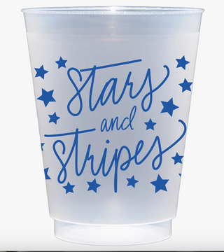 Stars & Stripes frosted acrylic cup with blue patriotic script and star design on a reusable 16 oz cup.