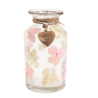 Pressed flower glass bud vase with brass heart charm