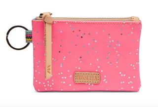 Consuela Shine Pouch in neon pink with star glitter and keyring

Neon pink Consuela Shine Pouch with leather zipper pull and logo accent

Interior view of Consuela Shine Pouch showing card slot and zip closure