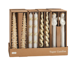 Set of two gold Christmas taper candles in gift box

Elegant hand-painted gold taper candles for holiday décor

Festive gold wax taper candles perfect for Christmas table setting

