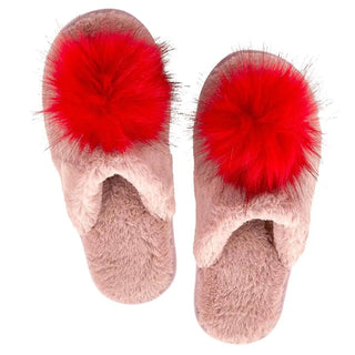 Plush Slippers - Blush with Red Pom Pom