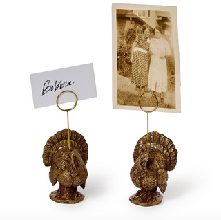 Gold turkey card and photo holder with metal ring for displaying place cards, photos, or table numbers.
