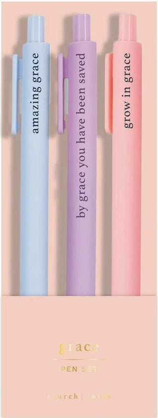 Church Notes Grace pen set with blue, purple, and pink gel pens