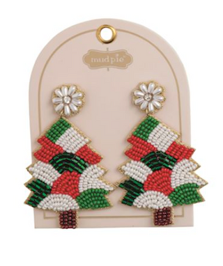 Holiday Beaded Earrings featuring festive Christmas designs including trees, holly, bows, candy canes, and colorful beaded details with hypoallergenic posts.