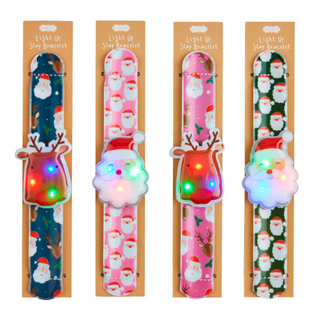 Light-up Christmas slap bracelets featuring Santa and reindeer characters

Set of LED slap bracelets for kids in festive holiday prints

Assorted Christmas slap bracelets with lights and display basket

Santa and reindeer LED slap bracelets on holiday packaging

Fun Christmas slap bracelets for kids with glowing LED lights