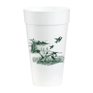 White 20 oz foam cup featuring a hunting scene with a German Shorthaired Pointer dog retrieving ducks in a marsh, sold in a sleeve of 8.