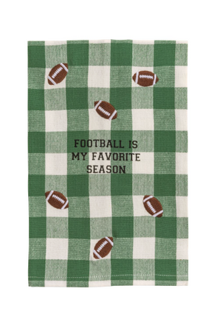 Green buffalo check cotton hand towel with embroidered football icons and the phrase "Football Is My Favorite Season."