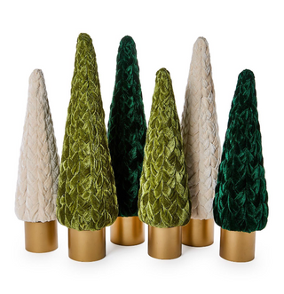 Braided Velvet Ribbon Christmas Trees with gold wooden bases in green, emerald, and ivory.