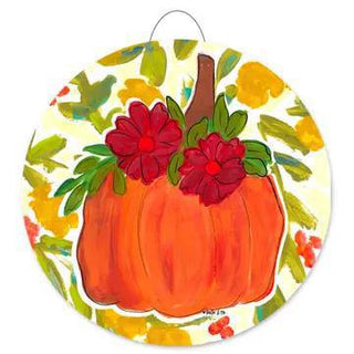 Pumpkin With Fall Flowers Door Hanger