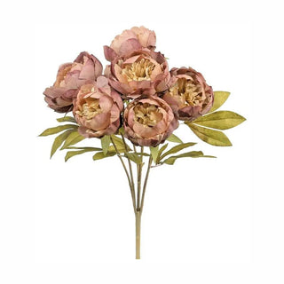 21-inch faux autumn peony bush featuring seven rose and mauve peony blooms with realistic green foliage, perfect for fall floral arrangements and seasonal home décor.