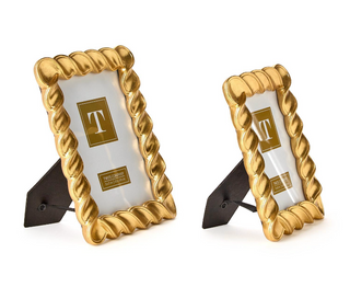 Set of two gold leaf twist photo frames in 4x6 and 5x7

Elegant spiral gold photo frames with glossy finish

Handcrafted gold resin twist frames for home décor

Gold swirl photo frame set for table or shelf display