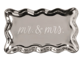 Mr and Mrs etched metal tray with ruffle edge
