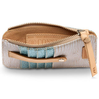 Consuela Celeste Card Organizer with textured finish and teal card slots

Slim Consuela Celeste card wallet featuring snap closure and zippered compartment

Consuela Celeste Card Organizer front and back view with compact design

Consuela card organizer with secure snap strap, zipper pocket, and wristlet pull