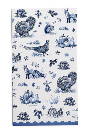 Falling for Blue Toile dinner napkins featuring blue toile illustrations of turkeys, pheasants, foxes, pumpkins, mushrooms, and autumn foliage.
