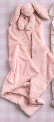 “Pink cuddle bunny blanket with plush faux fur and bunny ears”