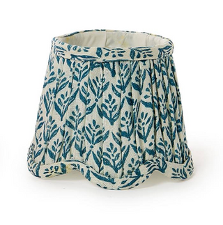 Scalloped floral fabric lampshades in red and blue linen with elegant pleated edges for portable LED lamps