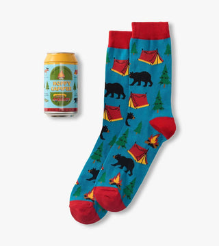 Men’s beer can socks gift set with fun novelty sock designs including bears, fishing, camping, ducks and mushrooms.