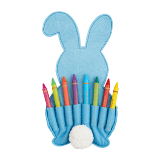 Easter bunny felt crayon holder with crayons

Bunny shaped crayon holder for kids Easter

Felt bunny crayon organizer in blue and pink

Kids Easter bunny crayon holder with pom tail

Bunny crayon holder gift for children