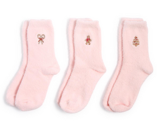 Pink fuzzy Christmas socks with embroidered holiday icons