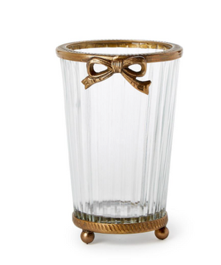 Antique gold hand cut glass vase with brass bow accent

Clear ribbed glass vase with antique gold trim and bow detail

Decorative antique glass vase with gold finish and brass bow

Vintage-inspired glass vase with gold base and bow accent