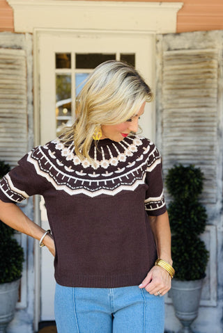 Brinley Sweater brown short sleeve knit sweater with cream and rust Fair Isle pattern