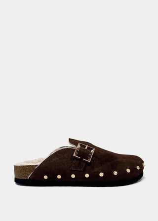 Tori Studded Slide in brown faux suede with gold stud detailing