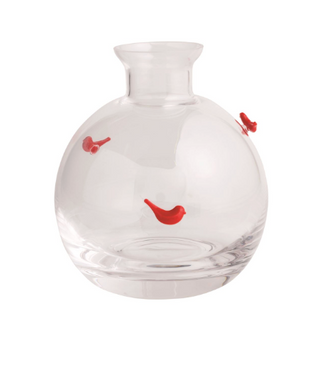 Clear glass bud vase with red cardinal accents

Round glass vase featuring red bird details

Handcrafted glass vase with tiny red cardinals