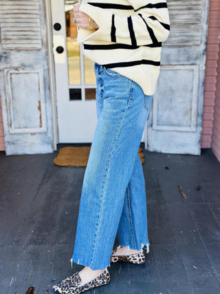 High rise wide leg jeans with clean cut hem and light distressing

Vervet high rise wide leg ankle jeans in medium wash

High rise wide leg denim jeans with destroyed hem detail

Medium wash wide leg jeans with ankle length cut

Comfortable high rise wide leg jeans with subtle destruction