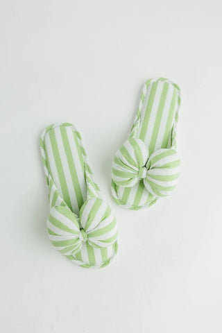 green cabana stripe bow spa slippers with cotton fabric