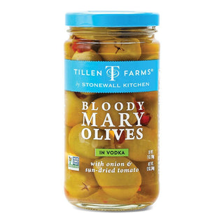 Tillen Farms Bloody Mary Olives by Stonewall Kitchen hand stuffed with sweet onions and sun-dried tomatoes in a vodka brine.