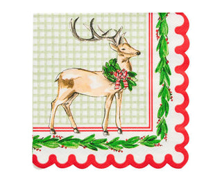 Holly Berry reindeer cocktail napkin with scalloped red trim

Rosanne Beck holiday napkin with deer and holly design

Christmas paper napkin with red scalloped edge and wreath border

Festive disposable napkin with reindeer and greenery pattern

Elegant holiday cocktail napkin by Rosanne Beck