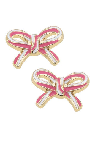 “Pink and white candy cane bow stud earrings with gold trim.”

“Holiday bow earrings in pink and white enamel with gold plating.”

“Candy cane striped bow stud earrings in pink and white.”

“Small pink and white bow studs with 18K gold-plated finish.”