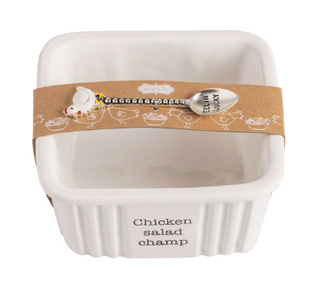 Chicken Salad Server Set featuring a ceramic deli container-style serving dish with "Chicken salad champ" sentiment and a silverplate serving spoon with an enamel chicken handle.