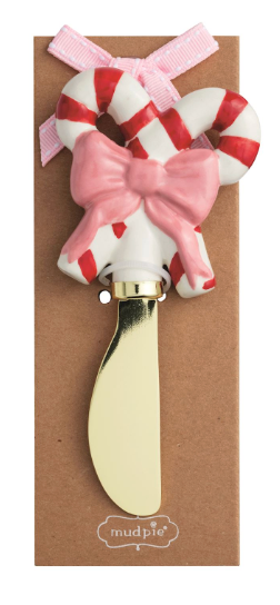 Whimsy Christmas Spreaders featuring brass-plated stainless steel blades with hand-painted holiday handles in Santa, reindeer, candy canes, and Christmas tree designs.