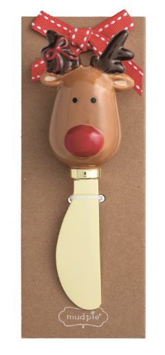 Whimsy Christmas Spreaders featuring brass-plated stainless steel blades with hand-painted holiday handles in Santa, reindeer, candy canes, and Christmas tree designs.