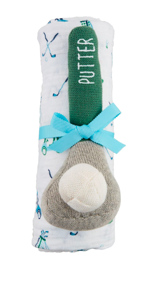 “Golf themed baby swaddle and knit rattle set”