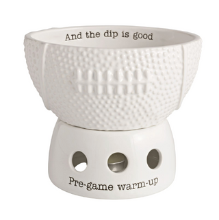 White ceramic football-shaped tidbit warmer set with tea light holder

Game day ceramic dip bowl warmer with football texture and candle base

Football-shaped serving dish with warming base for tailgating and parties