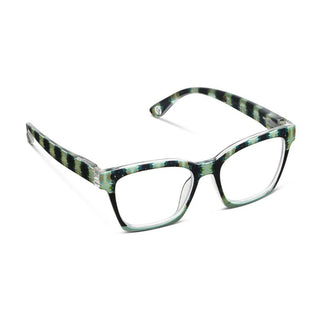 Peepers Laura Park collaboration glasses with navy frame and abstract print design