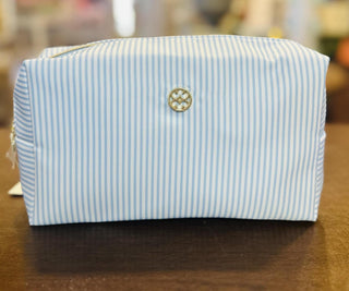 Blue stripe cosmetic bags set with zipper closure