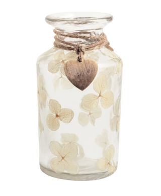 Pressed flower glass bud vase with brass heart charm