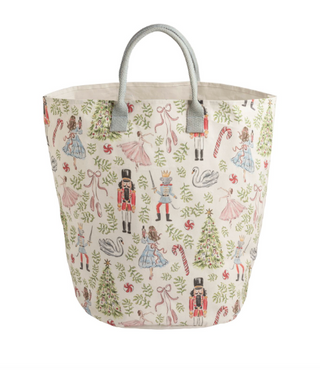 Large Christmas tote bags featuring whimsical holiday prints, including classic nutcrackers and festive Christmas icons with sturdy carry handles.