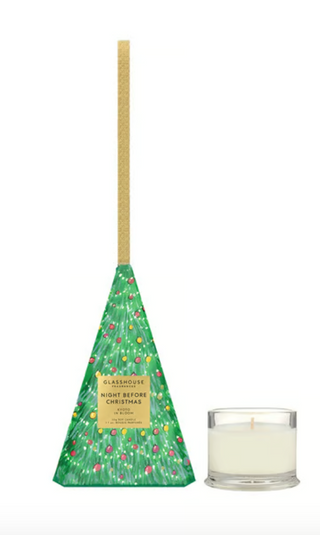 Mini Glasshouse holiday candle 1.06 oz in festive tree-shaped packaging